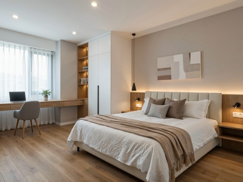 A modern bedroom with a built-in workspace featuring a cozy bed, floating desk, warm neutral tones, and natural light from a large window.