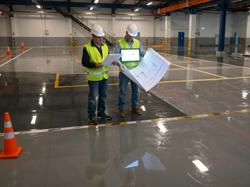 Durable industrial flooring with epoxy and polyurethane coatings for parking areas and shop floors