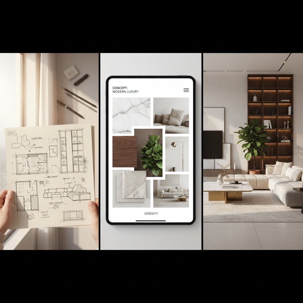 “Modern interior design concept showing the transition from sketch to mood board to photorealistic 3D render of a luxury dream living space.”