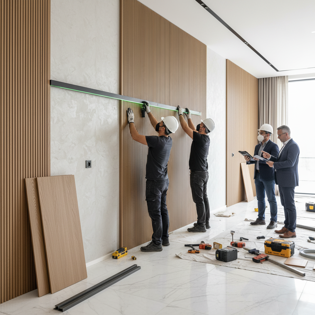 “Workers installing custom panels and lighting in a luxury interior while supervisors perform quality checks using digital tools.”