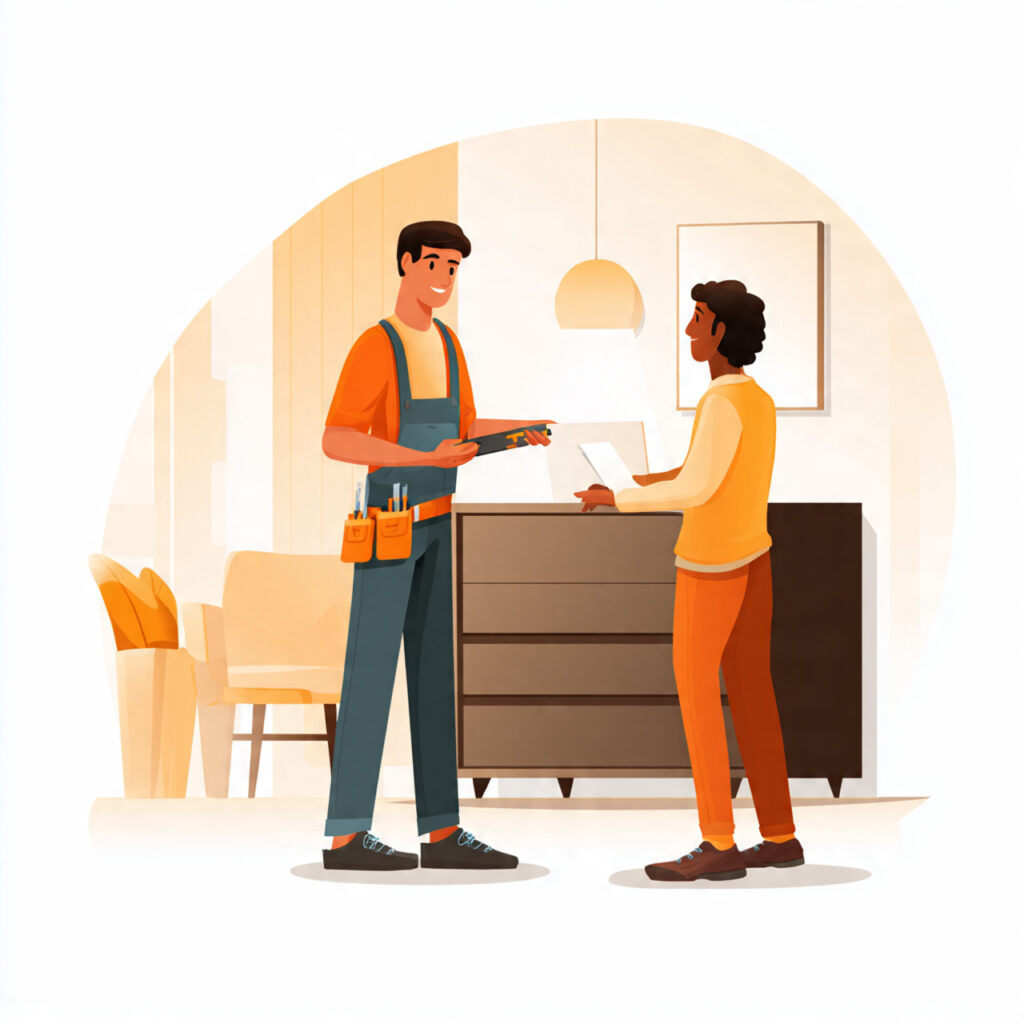 Illustration showing an Indian installer fitting furniture or fixtures while an Indian couple watches, ensuring quality workmanship.