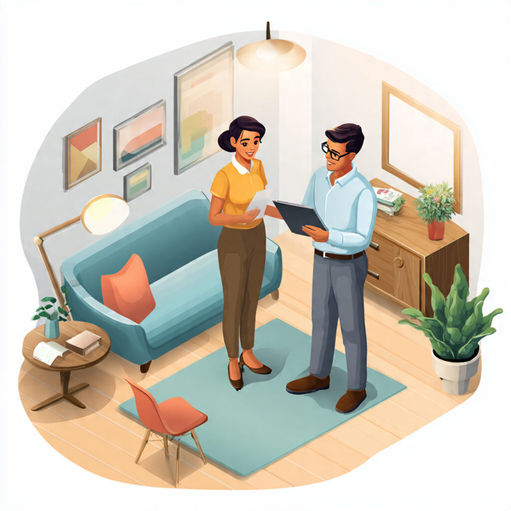 Illustration showing an Indian customer service representative helping an Indian homeowner couple with post-installation support using a tablet.